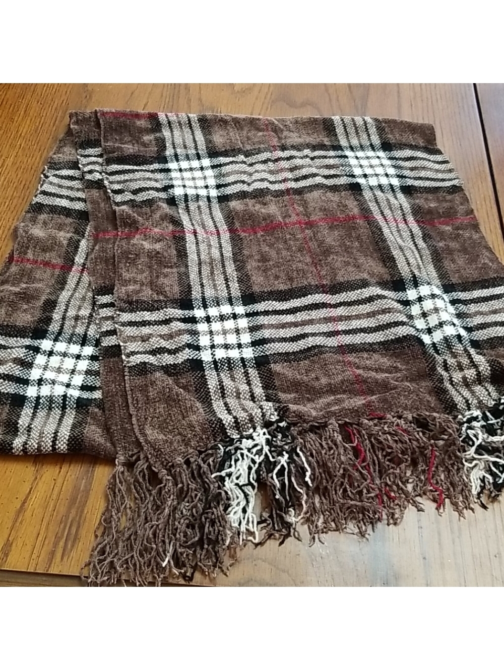 New Women's Black and Brown Plaid Scarf with Fringe
